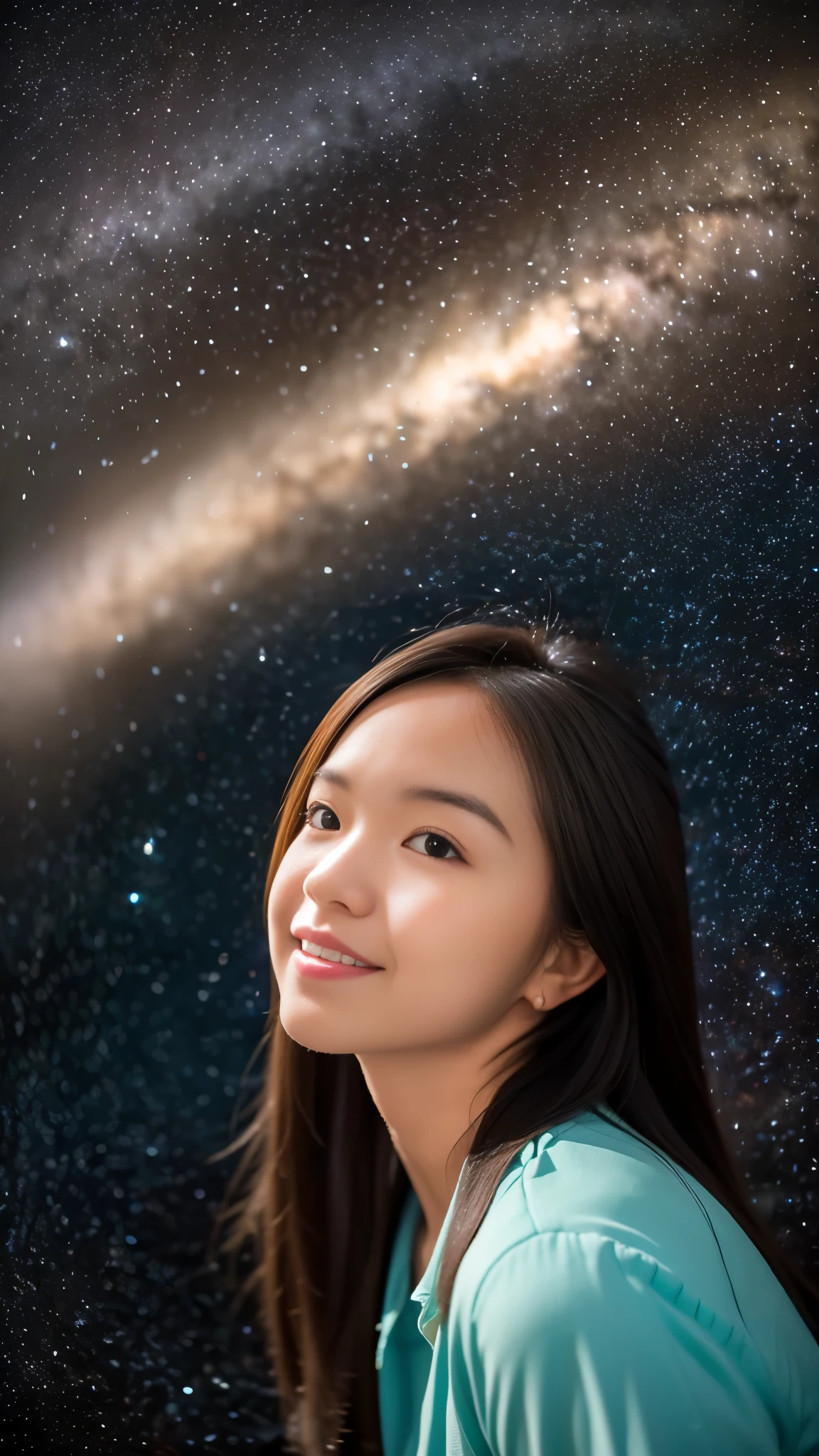 High detail, close up, super detail, super high resolution, girl enjoying her time in the dream galaxy, surrounded by stars, warm light sprinkled on her, background is starry sky with colorful galaxies and galaxy clouds, stars flying around her, delicate face, adding playful atmosphere , 