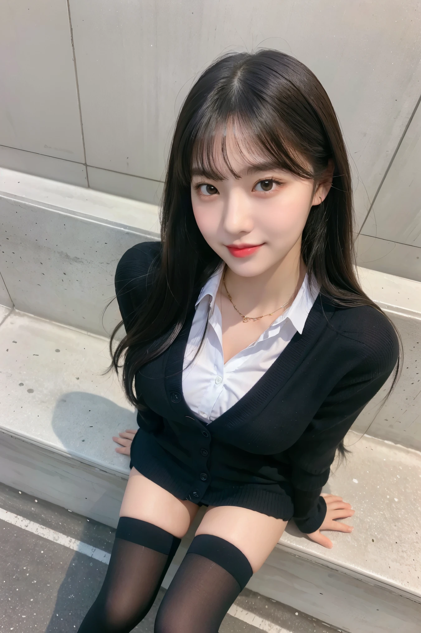 (8K), (highest quality: 1.2), (realistic), (realistic: 1.37), ultra high resolution, (1 girl, cute, smile, closed mouth, thick lips,red lip,beautiful details, beautiful nose, (straight black hair), giant dulcefo, self snap,(school uniform),(cardigan),white shirt,tie,pleated skirt,(black knee high socks),Standing in the city at night, From above,close up of face,slightly bigger breasts,thin necklace,(Medium Shot:1.2),