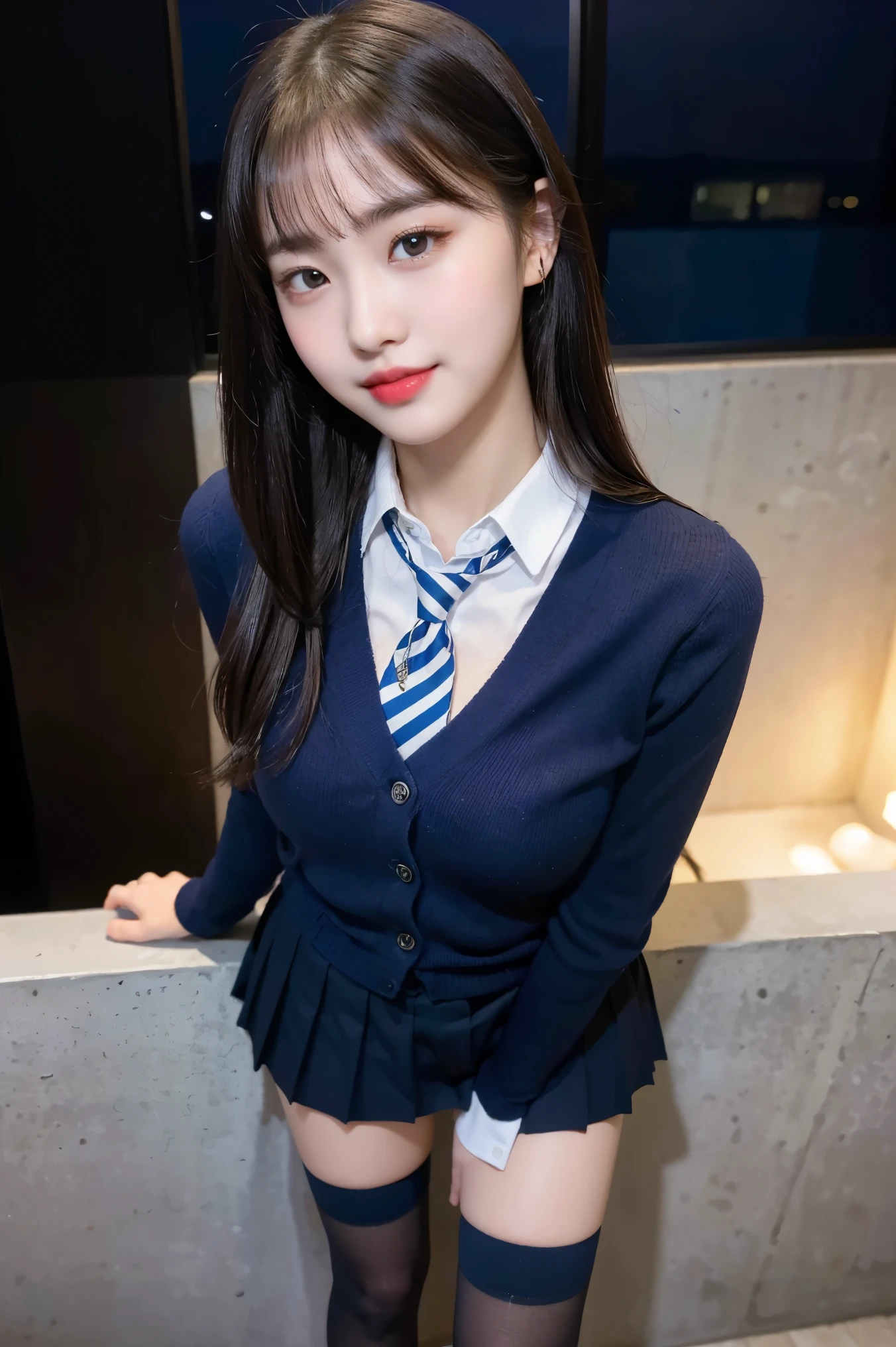 (8K), (highest quality: 1.2), (realistic), (realistic: 1.37), ultra high resolution, (1 girl, cute, smile, closed mouth, thick lips,red lip,beautiful details, beautiful nose, (straight black hair), giant dulcefo, self snap,(school uniform),(navy blue cardigan),white shirt,tie,pleated skirt,(Blue knee-high socks),Standing in the city at night, From above,close up of face,thin necklace,(Medium Shot:1.2),