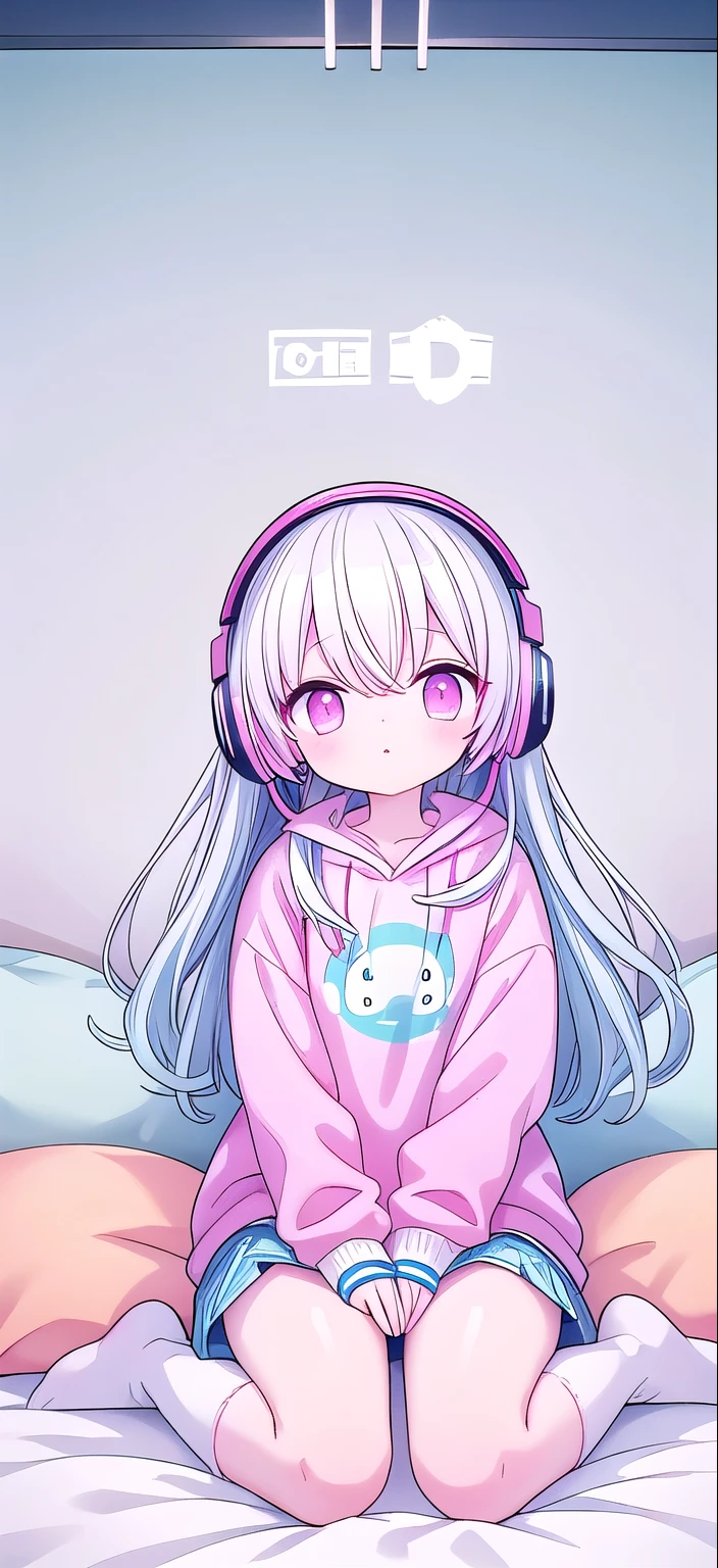 ，White knee socks，Long light blue hair，Pink and white sweatshirt，pink eyes，Blue headphones