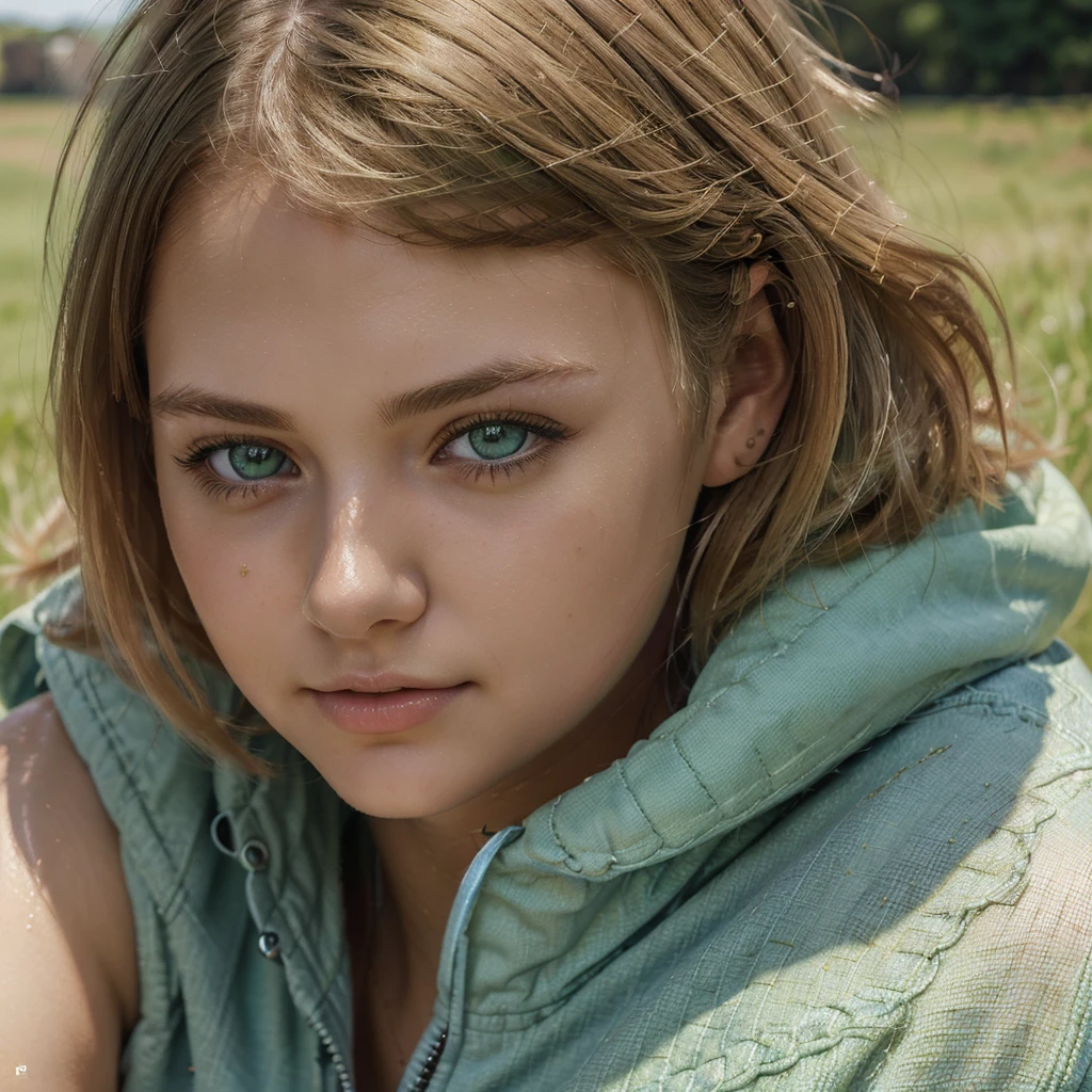 (best quality,ultra-detailed,realistic:1.37),portrait,illustration,oil painting,girl,ager,light blonde hair,green eyes,short haircut,denim suit,beautiful detailed eyes,casual pose,grassy background,soft lighting