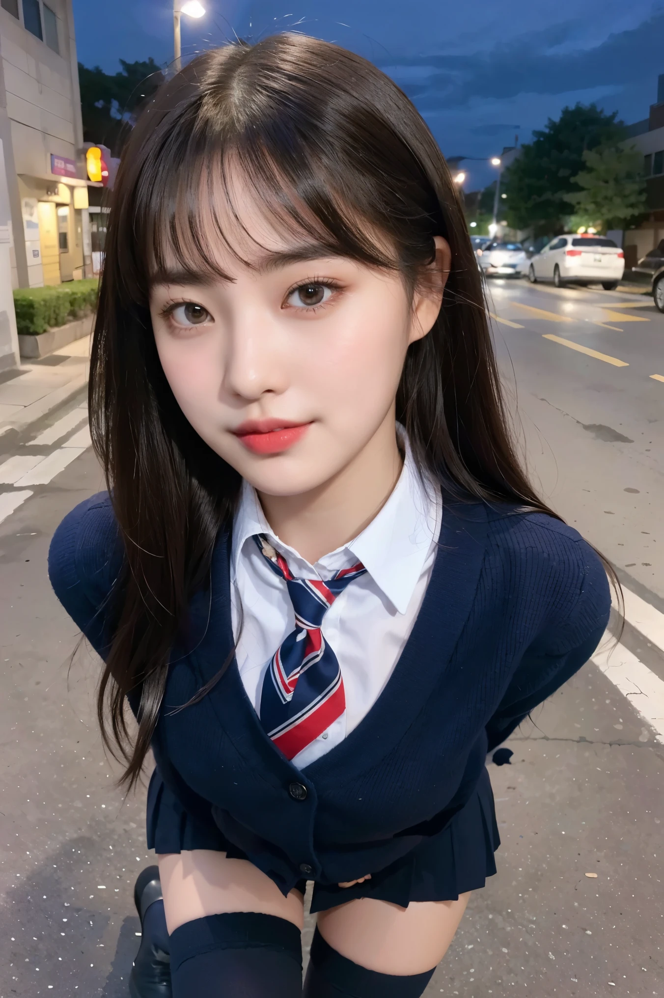 (8K), (highest quality: 1.2), (realistic), (realistic: 1.37), ultra high resolution, (1 girl, cute, smile, closed mouth, thick lips,red lip,beautiful details, beautiful nose, (straight black hair), giant dulcefo, self snap,(school uniform),(navy blue cardigan),white shirt,tie,pleated skirt,(Blue knee-high socks),Standing in the city at night, From above,close up of face,thin necklace,(Medium Shot:1.2),