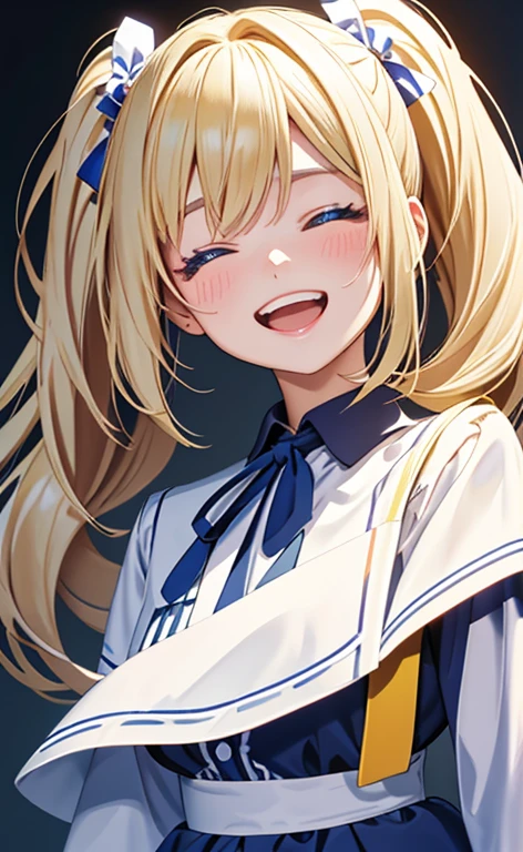 (masterpiece、top-quality、8k size wallpaper、offcial art)、(portrait,cowboy shot:1.6)、(1girl),(very loud laugh,Open mouth:1.3),(half closed eyes:1.5),cute face,blue eyes、(low twintails)、
,(stand),(Shining smile),
,(slender),(school uniform),(long fluorescence blonde hair1.3), (small breasts)、
、fluorescence、classroom,JK、