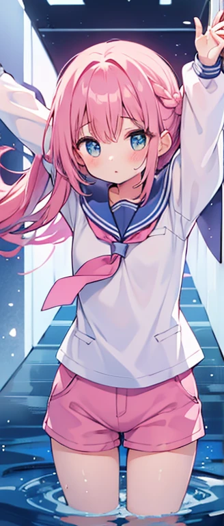 beautiful illustrations, highest quality, (12 year old girl:1.4)、(pretty girl：1.5)、、(inside the aquarium)、flat chest、sailor collar、(White long tunic)、long sleeve sailor suit、Blue-line cuffs、(pink chino shorts：1.4)、(pink shorts with wide opening：1.2)、Gap between thigh and pants、slim thighs、white socks、 cinematic lighting, (pink long hair)、pink straight hair、redness of cheeks、(Braiding of the back of the head)