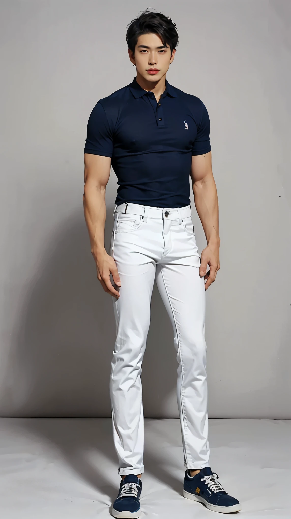 Male, muscular, long hair, pecs bulge, big pecs, fully clothed, wearing white shirt, wearing pants, tight shirt, tight clothes, standing, sexy pose, hairy, realistic, cozy room, good light setting.