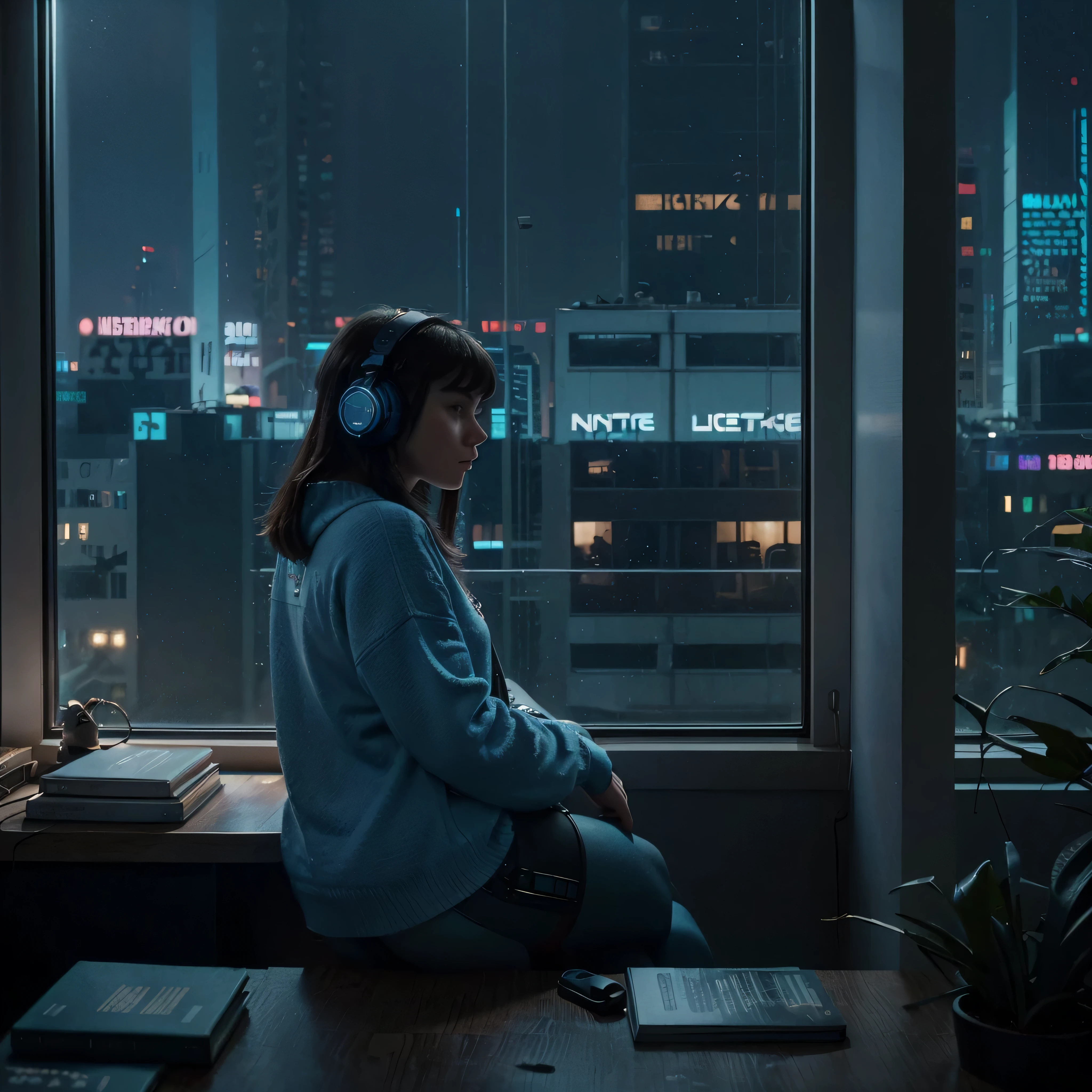 (Cozy, lofi, girl, aesthetic, blue, ultra-detailed, ultra-high-resolotion, in-bedroom, view of cyberpunk city at night in the big windows ,plants-in-the-room ,some books on the desk ,headphone on the desk, )