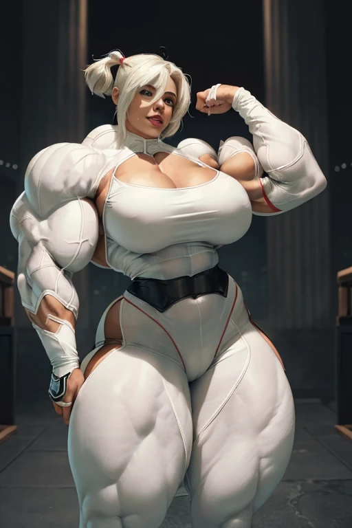 ((((Massive, beautiful, buff, brown skinned muscular woman with white hair, ginormous, ginormous bulky muscles wearing a white Harley Quinn outfit with a black tight pants)))), vascular body, massive muscle, massive biceps, hyper muscle triceps, (long straight white hair), blue eyes, black gloves, spiked gauntlets, high heels boots, in Gotham city, at night, smirk, hyper muscles arms, hyper muscle legs, massively arms.