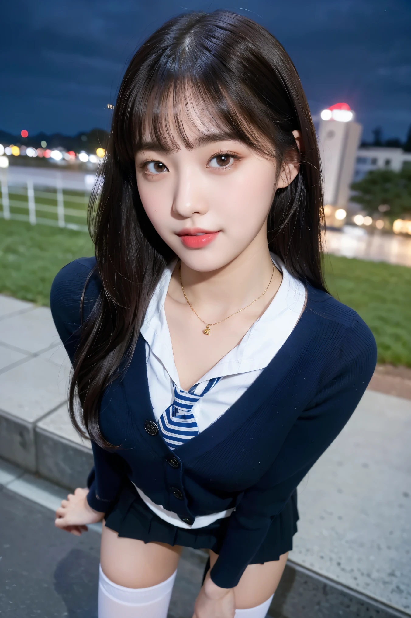 (8K), (highest quality: 1.2), (realistic), (realistic: 1.37), ultra high resolution, (1 girl, cute, smile, closed mouth, thick lips,red lip,beautiful details, beautiful nose, (straight black hair,ribbon), giant dulcefo, self snap,(school uniform),(navy blue cardigan),white shirt,tie,pleated skirt,(Blue knee-high socks:1.2),Standing in the city at night, From above,close up of face,thin necklace,(Medium Shot:1.2),