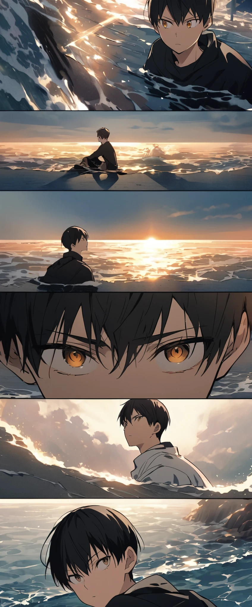 In high definition video、Popular Anime「Haikyuu!!」Tobio Kageyama、Sitting alone on the beach with the vast ocean stretching out before me。The sunlight radiates warmth on her smooth black hair.、He is staring intently at the horizon with a concentrated expression.。Strangely shaped shells were scattered all around.。 If you look closer、Tobio's detailed eyes come to light.。His deep brown eyes are filled with intensity and determination.、There are gold specks in the iris、Eyelashes are long and dark。Every fiber of his being seems to radiate energy.。 Tob