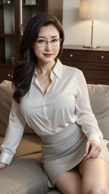 ((photograph))、((real photo))、mature adult woman、High resolution、((highest quality,8k,masterpiece))、((Full body shot 0.85)) facial portrait, gentle smile、 ((pale lipstick)), sensual, ((Breasts big enough to sag 2.8))Medium Hair, black hair, tied her hair in a bun, formal wear, ((white blouse)), gray tight skirt, Glasses, chubby woman,living room at home、