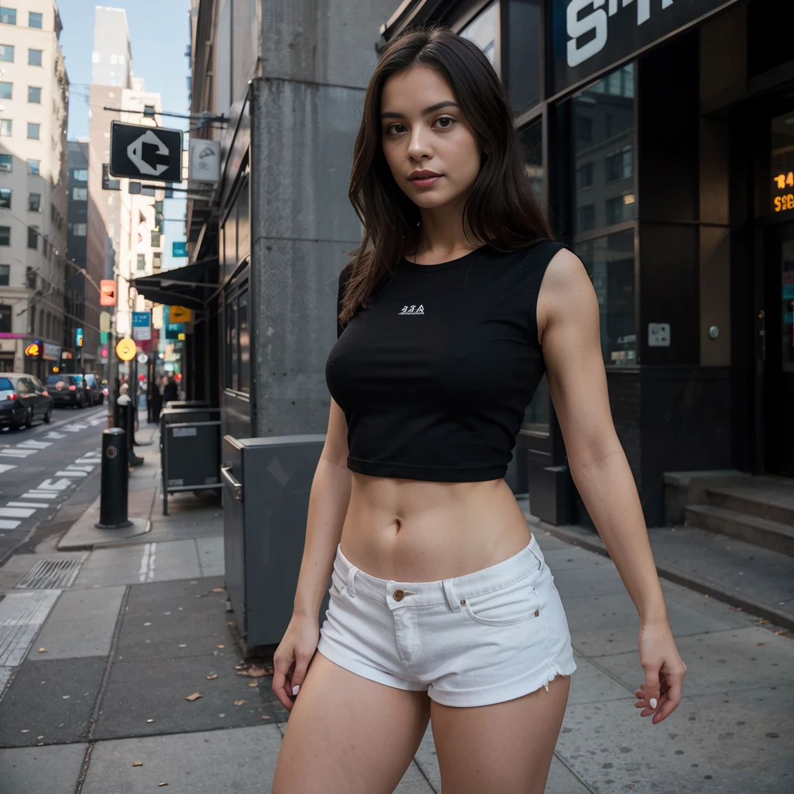 Masterpiece, top quality, super detail, beautiful American girl, no abs, perfect breast. she wears: a black t shirt, a shorts. she stand in front of building in New York City