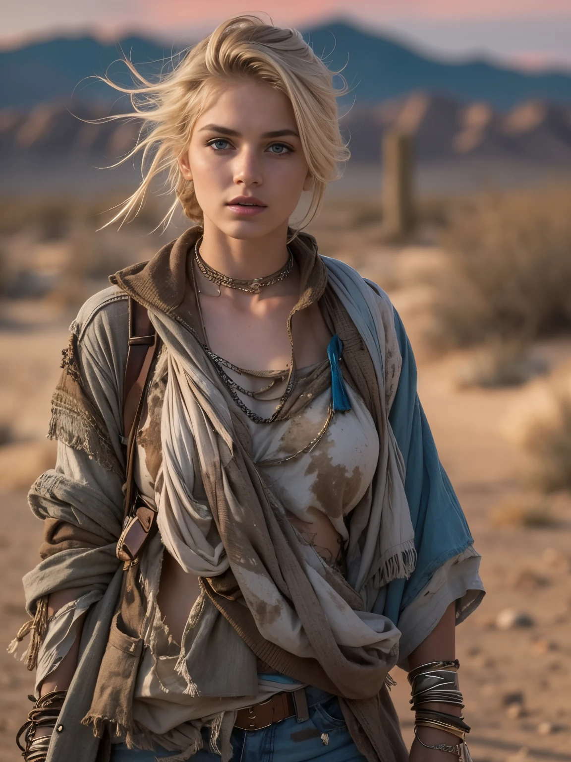 Masterpiece, Transitioning to a desert landscape at sunset, a lone figure, a beautiful 20 years old American girl emerges wearing beautiful warm nomadic clothes, white skin, blonde hair, blue-grey eyes, freckles, slim running body, small breasts, very detailed face, ultra realistic face, very beautiful face, post-apocalyptic clothing. Layers of tattered fabric, unconventional accessories, and a weathered look create an aura of survival and resilience, 16K, ultra high res.photorealistic, UHD, RAW, DSLR