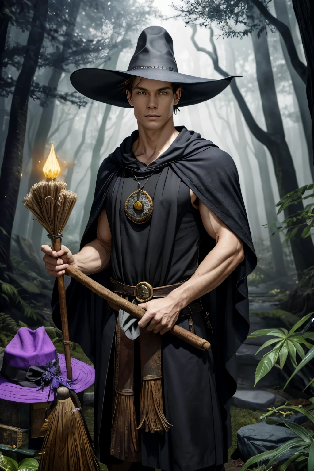 masterpiece, top-quality, male people2a person, Adults, tall muscular, a handsome, finely eye, intricate detailes, sorcerer, black hat with a pointed brim, Broom with a carved handle, Spellbooks for various spells, Portion bottles with different ingredients, Enchanted forest with hidden wizard's huts