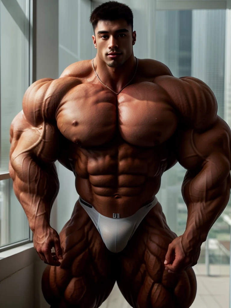 1man, a 28 year old muscular man, giant, strong body, brutalmass, massive body, bulk, wide pecs, large body size, wearing a white transparent underwear, standing, looking at viewer, illuminating light, masterpiece, best quality, 8k ultra hd, dslr camera, film grain, Fujifilm XT3 photorealistic art by Midjourney and greg rutkowski