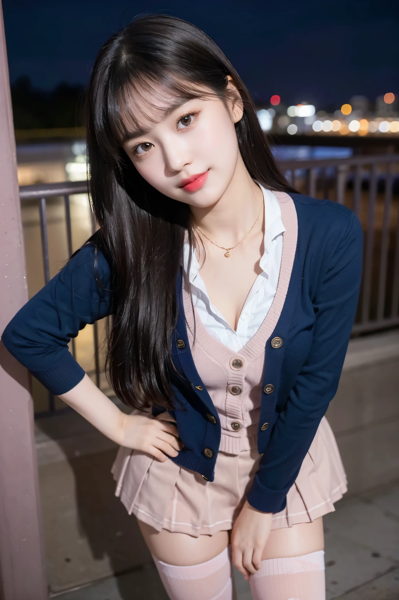 (8K), (highest quality: 1.2), (realistic), (realistic: 1.37), ultra high resolution, (1 girl, cute, smile, closed mouth, thick lips,red lip,beautiful details, beautiful nose, (straight black hair), giant dulcefo, self snap,(school uniform),(pink cardigan),white shirt,tie,check pleated skirt,(Blue knee-high socks),Standing in the city at night, From above,close up of face,thin necklace,(Medium Shot:1.2),