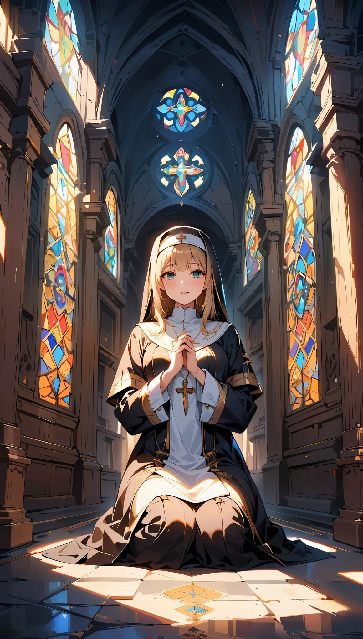 (highest quality, 4k, 8k, High resolution, masterpiece:1.2), Super detailed, nun, prayer, beautiful detailed eyes, beautiful detailed lips, highly detailed eyes and face, long eyelashes, calm expression, soft lighting, Religious atmosphere, rosary, Fingertips touch, Holy Sunshine, Sacred Space, Soft sunlight shining through the stained glass, Angelic Being, Solemn Ceremony, kneel down, Landscape, full body figure, Faith and dedication, The tranquility of the monastery.