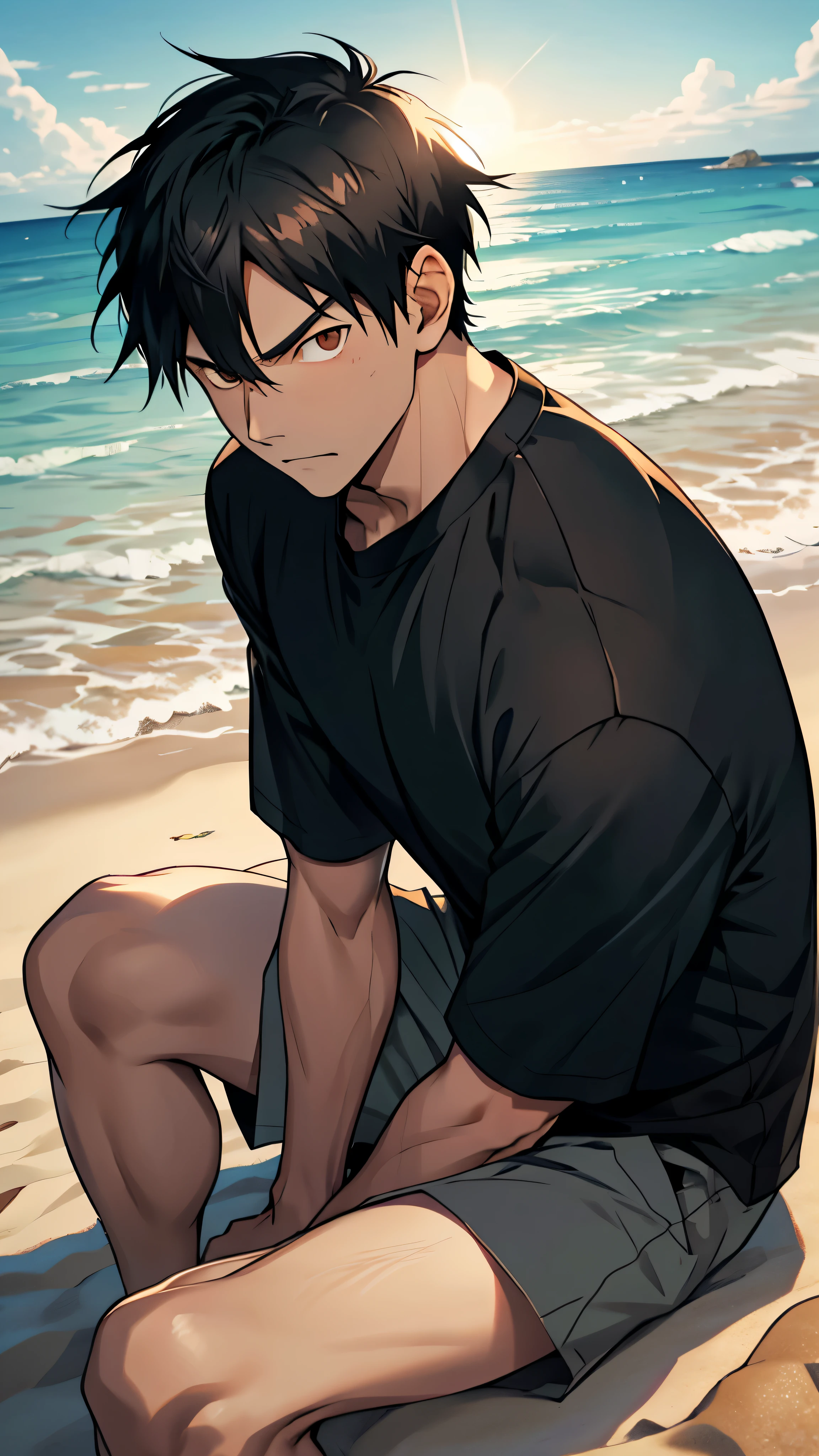 In the high-resolution image, Tobio Kageyama from the popular anime series "Haikyuu!!", sits alone on the sandy beach with the vast expanse of the sea stretching out before him. The sun casts a warm glow over his sleek, black hair as he gazes intently out at the horizon with a focused expression. oddly shaped seashells scattered around him.
As you take a closer look, the detailed eyes of Tobio come into focus. His deep-set brown eyes are full of intensity and determination, the irises flecked with gold, the lashes long and dark. Every fiber of his being seems to be radiating energy.
Tob