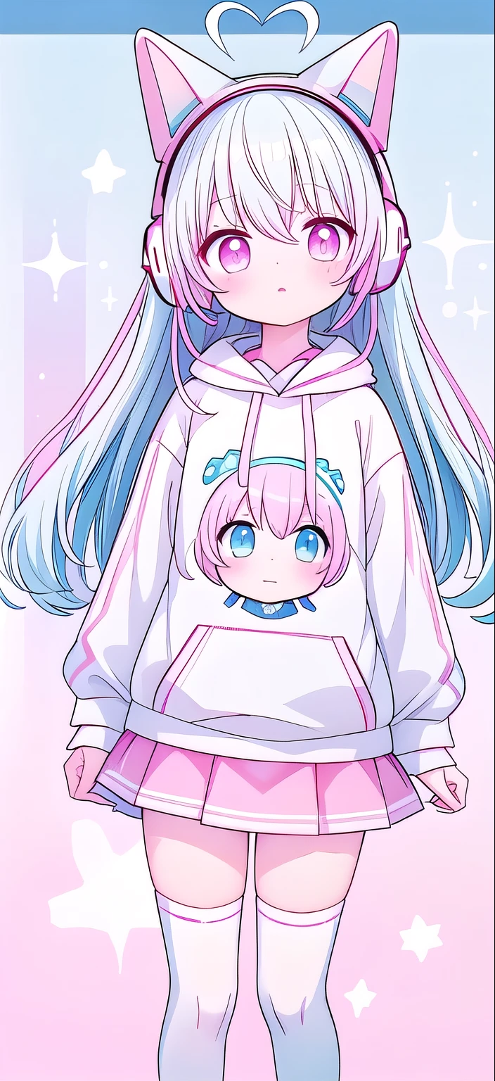 ,White knee socks,Long light blue hair,Pink and white sweatshirt,pink eyes,Blue headphones