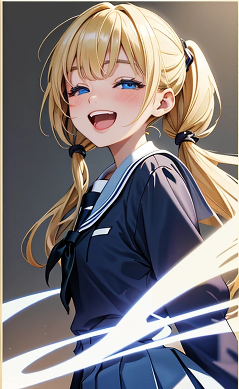 (masterpiece、top-quality、8k size wallpaper、offcial art)、(portrait,cowboy shot:1.6)、(1girl),(very loud laugh,Open mouth:1.3),(half closed eyes),cute face,blue eyes、(low twintails)、
,(stand),(Shining smile),
,(slender),(school uniform),(long fluorescence blonde hair1.3), (small breasts)、
、fluorescence、classroom,JK、