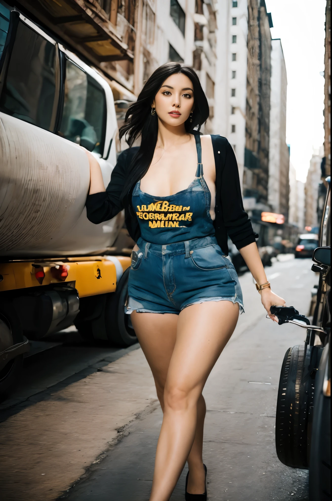 A Colombian lady wearing sexy work clothes driving a cement mixer truck in nyc. Realistic 