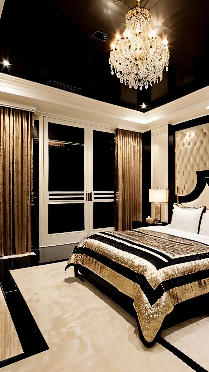 there is a bed with a black and white comforter in a room, harmony black room, luxurious, a room, masterpiece!!, bed room, whole room, glam, luxurious environment, small room in tokyo, vip room, vivid!!, room interior, luxury, popular interior design style, glittering, marble room, interior room, deco, stylish decor, minimalist