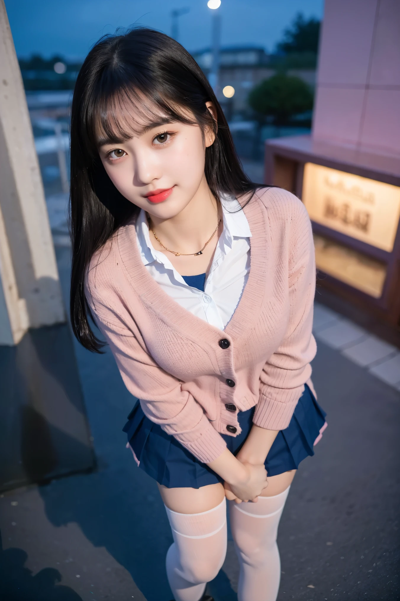 (8K), (highest quality: 1.2), (realistic), (realistic: 1.37), ultra high resolution, (1 girl, cute, smile, closed mouth, thick lips,red lip,beautiful details, beautiful nose, (straight black hair), giant dulcefo, self snap,(school uniform),(pink cardigan),white shirt,tie,check pleated skirt,(Blue knee-high socks),Standing in the city at night, From above,close up of face,thin necklace,(Medium Shot:1.2),