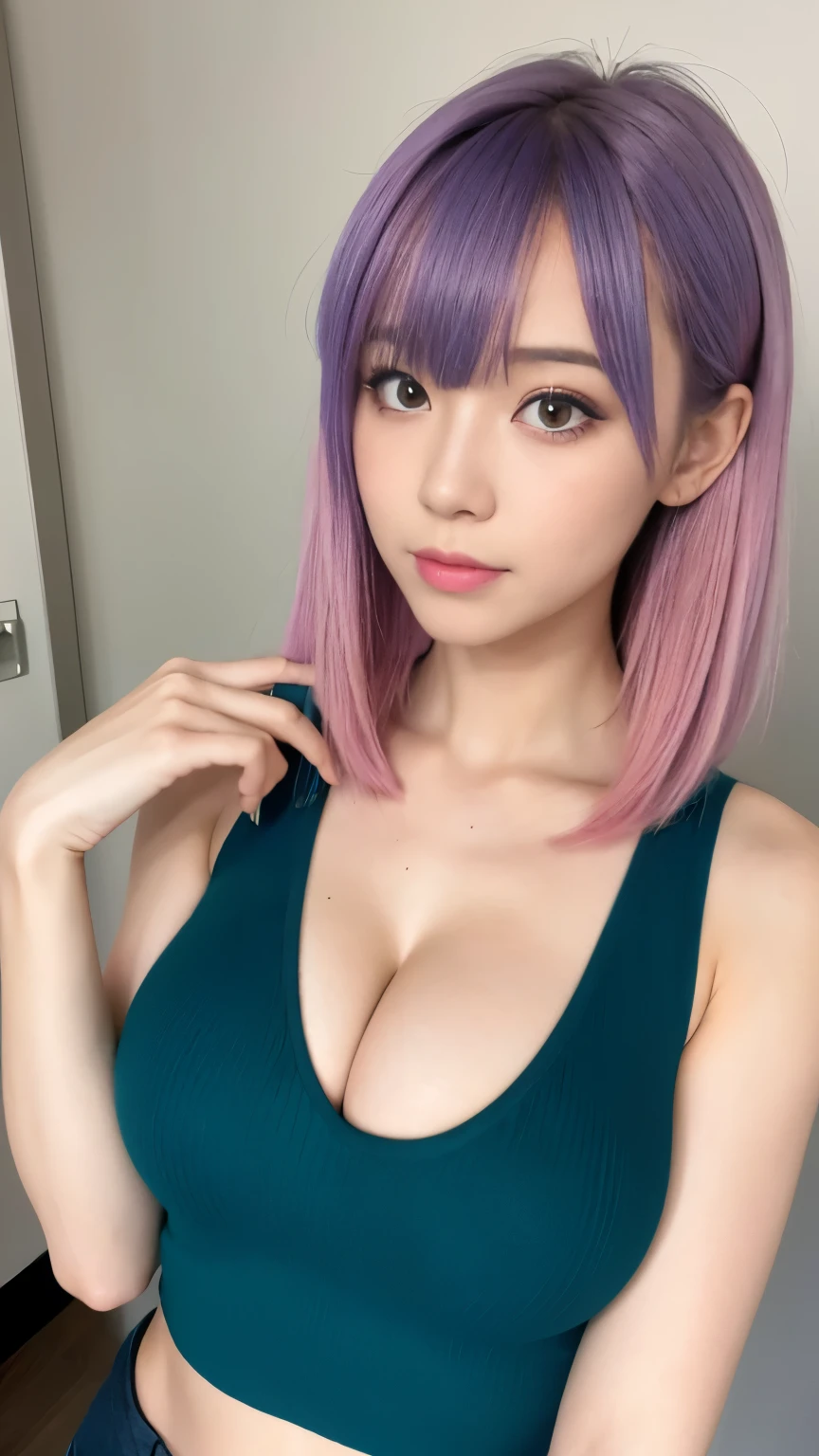 (Raw photo) girl in a sexy t-shirt, I compressed my chest with both arms., (medium breasts), cleavage, medium long hair, (pink and blue hair), upper body photo, realistic light, surreal, highest quality, 8K, ((fine hands)), correct anatomy.
