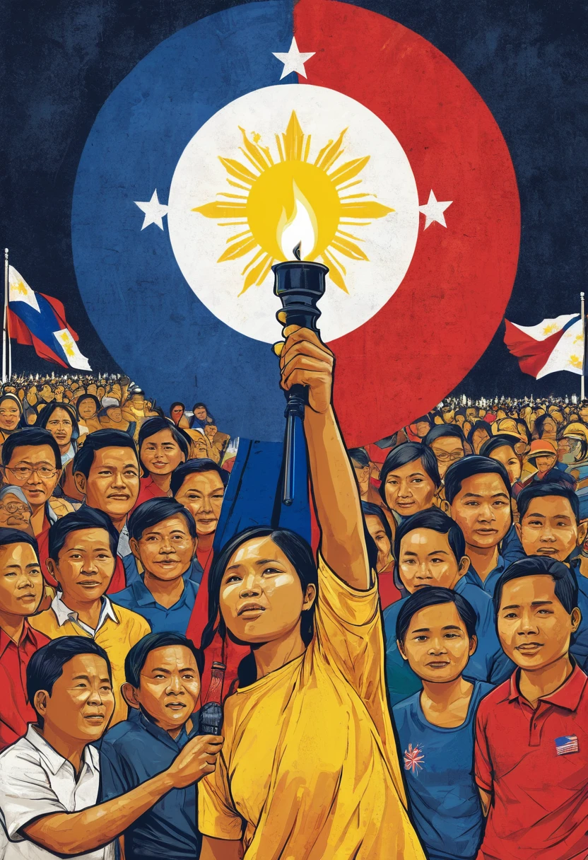 There should be a torch in the middle. A dynamic poster symbolizing  in the Philippines features a central torch representing  and democratic ideals. Surrounding it are scenes from the People Power Revolution and a collage of diverse faces, showcasing unity and inclusivity. Colors of the Philippine flag—blue, red, white, yellow—embody patriotism and hope. Text overlays convey messages of "Unity in Diversity" and "Defending ," inspiring pride and commitment to democratic values.