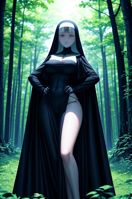 Young slim nun, standing outdoors with a full body shot taken from below, her figure clothed in habitual attire, yet her breasts and cleavage remained covered – a testament to her religious devotion. The braless nature of her black outfit was concealed beneath the voluminous garments, revealing only the slender curves of her waist and the worried expressions etched across her face. The sunlight gleamed off the shiny fabric of her habit, showcasing the intricacies of the nun's attire and the subtle contours of her body. detailed face,
