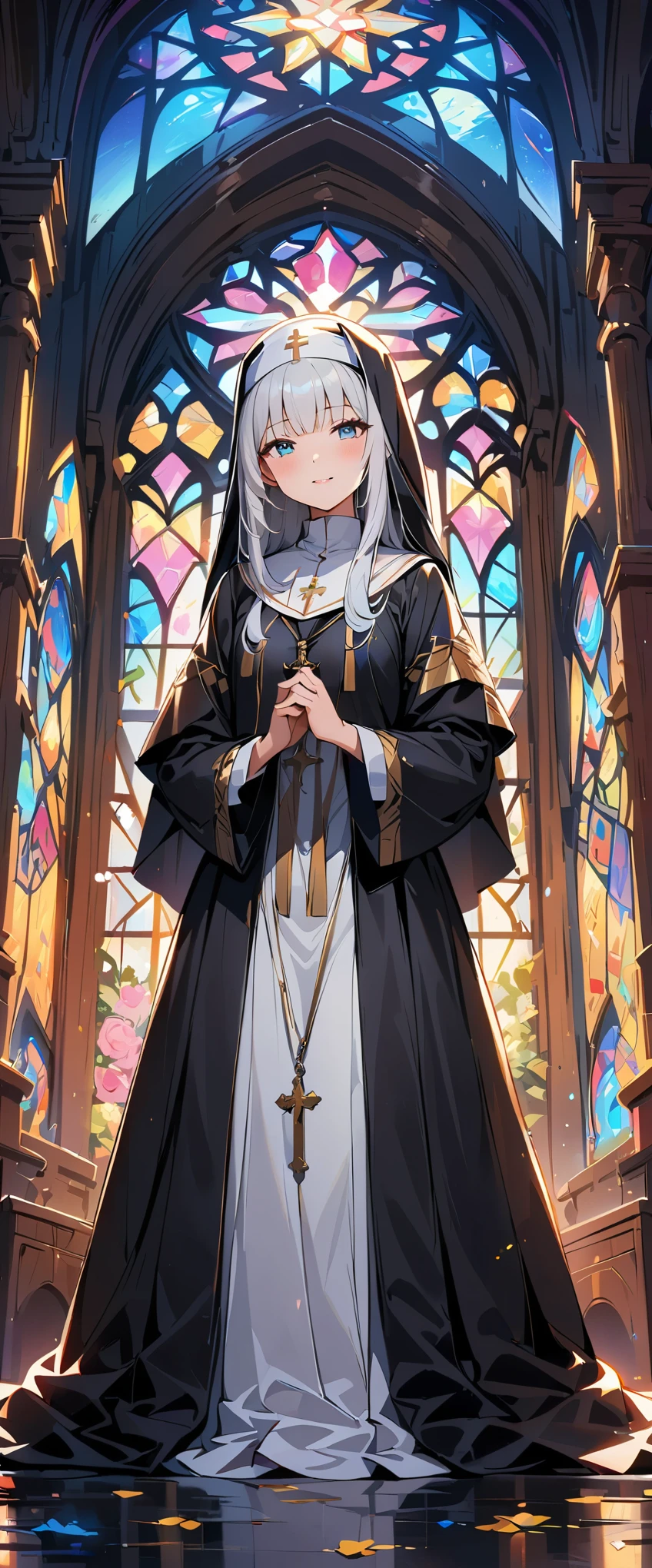 (highest quality, 4k, 8k, High resolution, masterpiece:1.2), Super detailed, nun, beautiful detailed eyes, beautiful detailed lips, highly detailed eyes and face, long eyelashes, calm expression, soft lighting, Religious atmosphere, rosary, Holy Sunshine, Sacred Space, Soft sunlight shining through the stained glass, Angelic Being, Solemn Ceremony, Faith and dedication, The tranquility of the monastery.