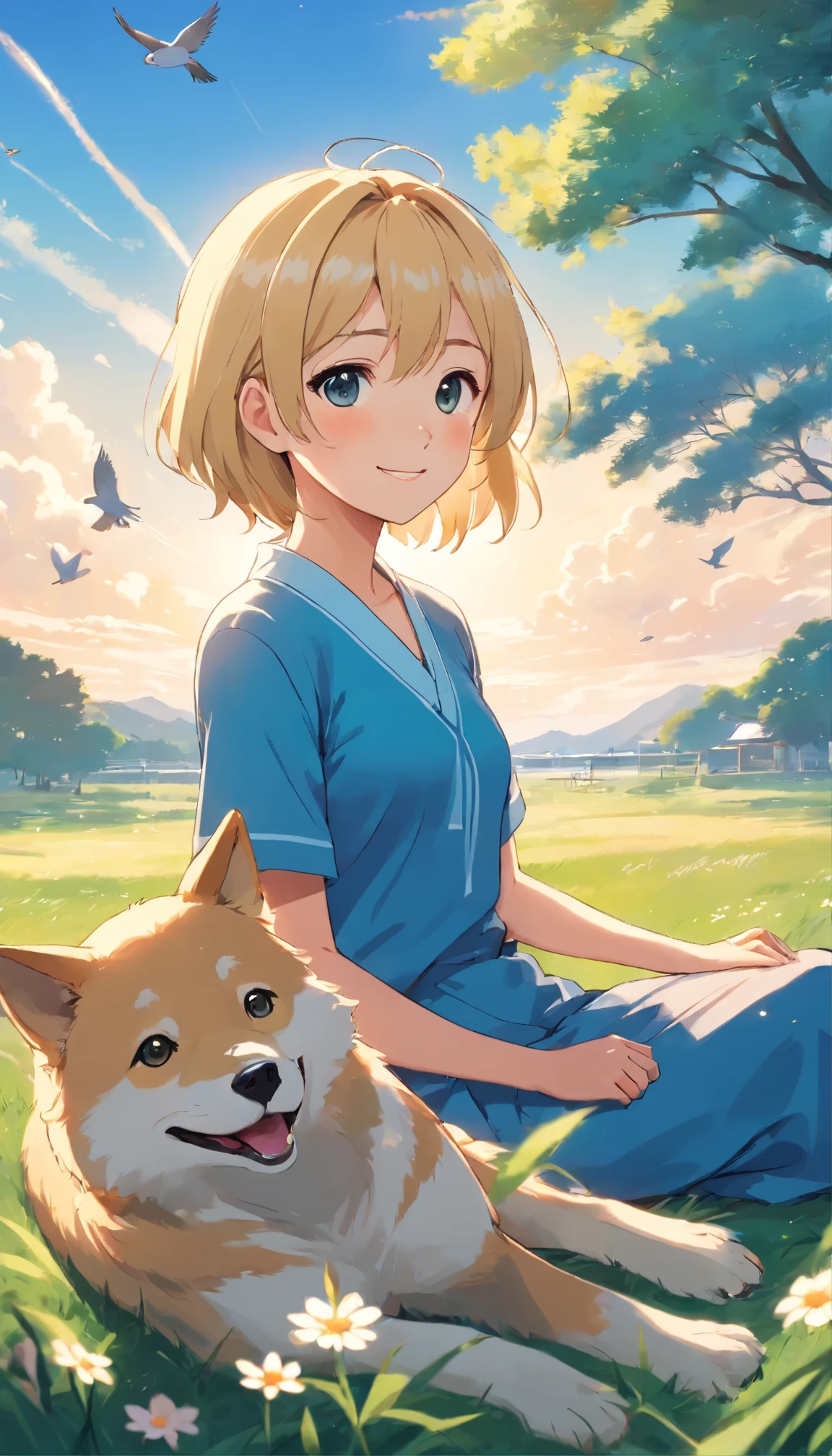 (best quality, highres), (bright, vibrant) colors, (realistic) garden, (detailed, intricate) tree branches, (soft) sunlight filtering through the leaves, (gentle) breeze rustling the leaves, (lush) green grass, (beautiful) flowers in bloom, (peaceful) atmosphere, (relaxed) girl sitting on the grass beside a shiba inu dog, (curious) expression on her face, (sparkling) light blue eyes, (pleasant) smile, (short, blonde) hair, (comfortable) blue clothes, (calm) posture, (tranquil) mood, (serene) surroundings, (timeless) beauty, (serene) blue sky, (dreamy) clouds, (endless) horizon, (joyful) birds chirping, (harmonious) composition.