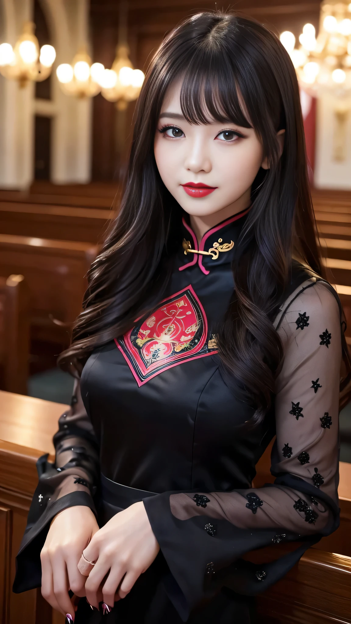 tra-detailed、２people、japanese people、attractive beauty、Captivating large people women、pretty woman、piercing eyes、cool girl、wavy hair、swept bangs、Long Black and Gold Cheongsam、wide sleeves、Evil cadres、evil depravity、brainwash、mind control、lipstick、have、lip gloss、dark makeup、smirk、Evil expression、evil、hollow eyes,half-closed eyes、empty eyes、evil、church at night、vampire、succubus、vampire、Swear allegiance、sexy pose