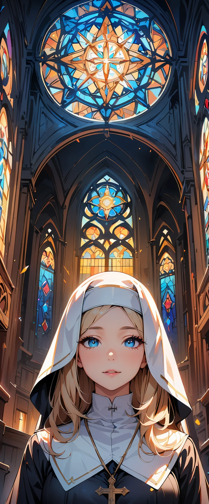 (highest quality, 4k, 8k, High resolution, masterpiece:1.2), Super detailed, nun, beautiful detailed eyes, beautiful detailed lips, highly detailed eyes and face, long eyelashes, calm expression, soft lighting, Religious atmosphere, rosary, Holy Sunshine, Sacred Space, Soft sunlight shining through the stained glass, Angelic Being, Solemn Ceremony, Faith and dedication, The tranquility of the monastery.