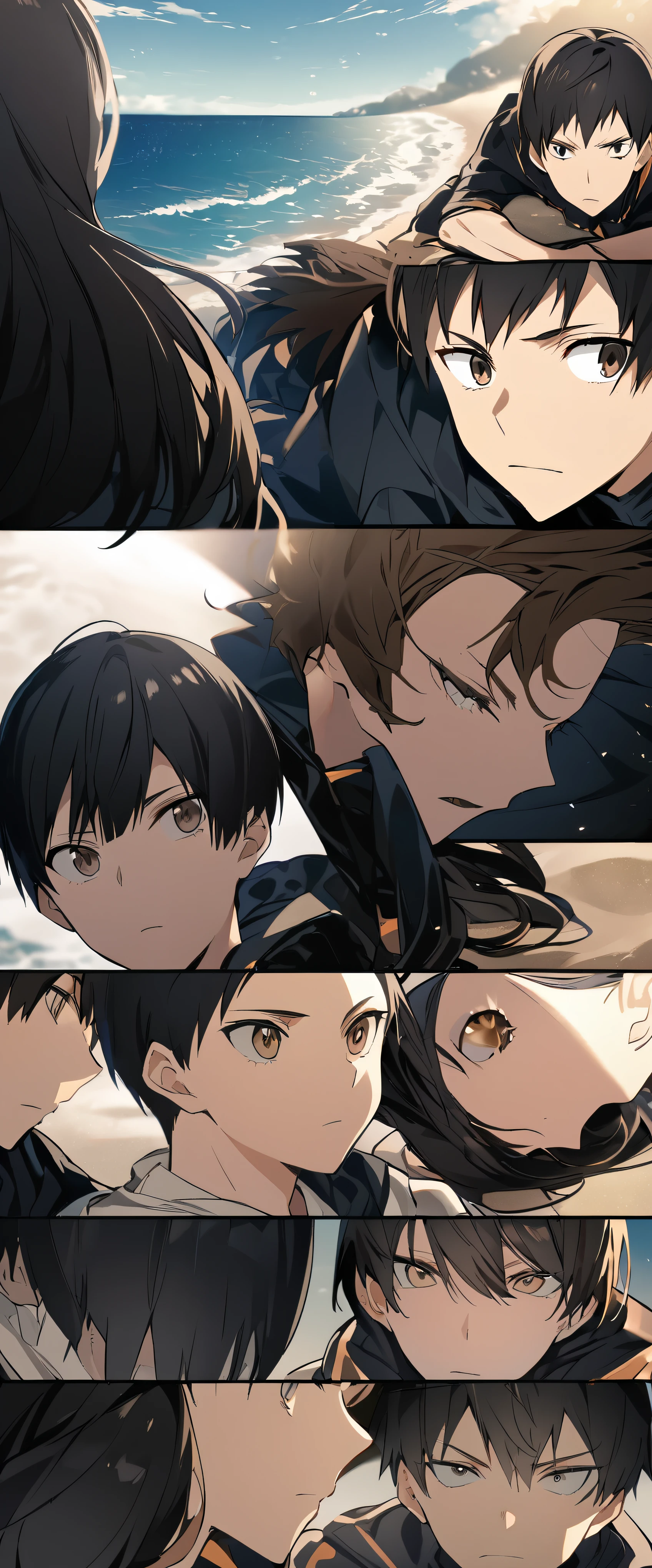 In high definition video、Popular Anime「Haikyuu!!」Tobio Kageyama、Sitting alone on the beach with the vast ocean stretching out before me。The sunlight radiates warmth on her smooth black hair.、He is staring intently at the horizon with a concentrated expression.。Strangely shaped shells were scattered all around.。 If you look closer、Tobio&#39;s detailed eyes come to light.。His deep brown eyes are filled with intensity and determination.、There are gold specks in the iris、Eyelashes are long and dark。Every fiber of his being seems to radiate energy.。 Tob