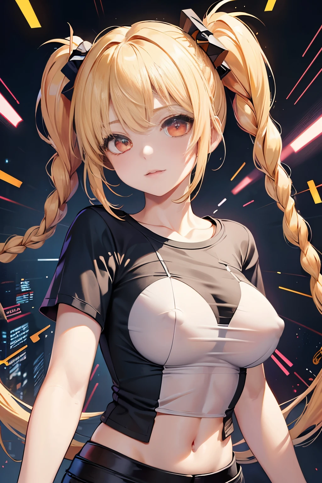 Optimal,masterpiece,High resolution,highest quality,hyper hd,Super detailed,award-winning,16k,alone,(Upper body),correct anatomy,beautiful cyberpunk girl,cowboy shot、cute face,,blonde、long hair、twin tails、Braid, hair line,((scarlet eyes)),long eyelashes,drooping corners of the eyes,white skin,((Photographed from the front)), ((T-shirt:1.5)), clock top、((transparent nipples))、rocket , ((big breasts)),(because I'thin),