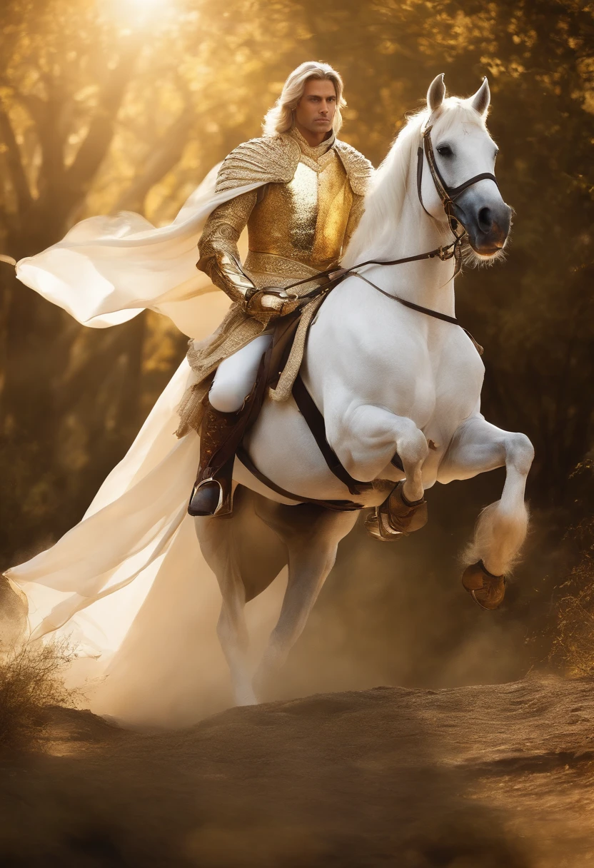 Prince on a white horse, in a white cloak with gold,,with a sword, In golden armor