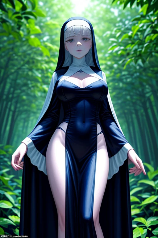 old slim nun, standing outdoors with a full body shot taken from below, her figure clothed in habitual attire, yet her breasts and cleavage remained covered – a testament to her religious devotion. The braless nature of her outfit was concealed beneath the voluminous garments, revealing only the slender curves of her waist and the worried expressions etched across her face. The sunlight gleamed off the shiny fabric of her habit, showcasing the intricacies of the nun's attire and the subtle contours of her body. detailed face