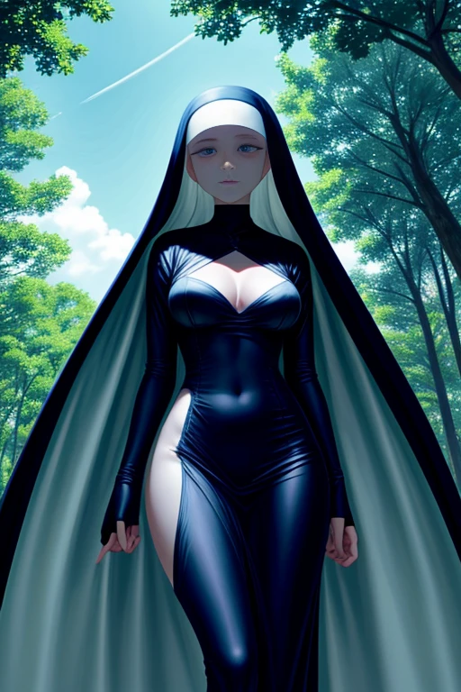 old slim nun, standing outdoors with a full body shot taken from below, her figure clothed in habitual attire, yet her breasts and cleavage remained covered – a testament to her religious devotion. The braless nature of her outfit was concealed beneath the voluminous garments, revealing only the slender curves of her waist and the worried expressions etched across her face. The sunlight gleamed off the shiny fabric of her habit, showcasing the intricacies of the nun's attire and the subtle contours of her body. detailed face