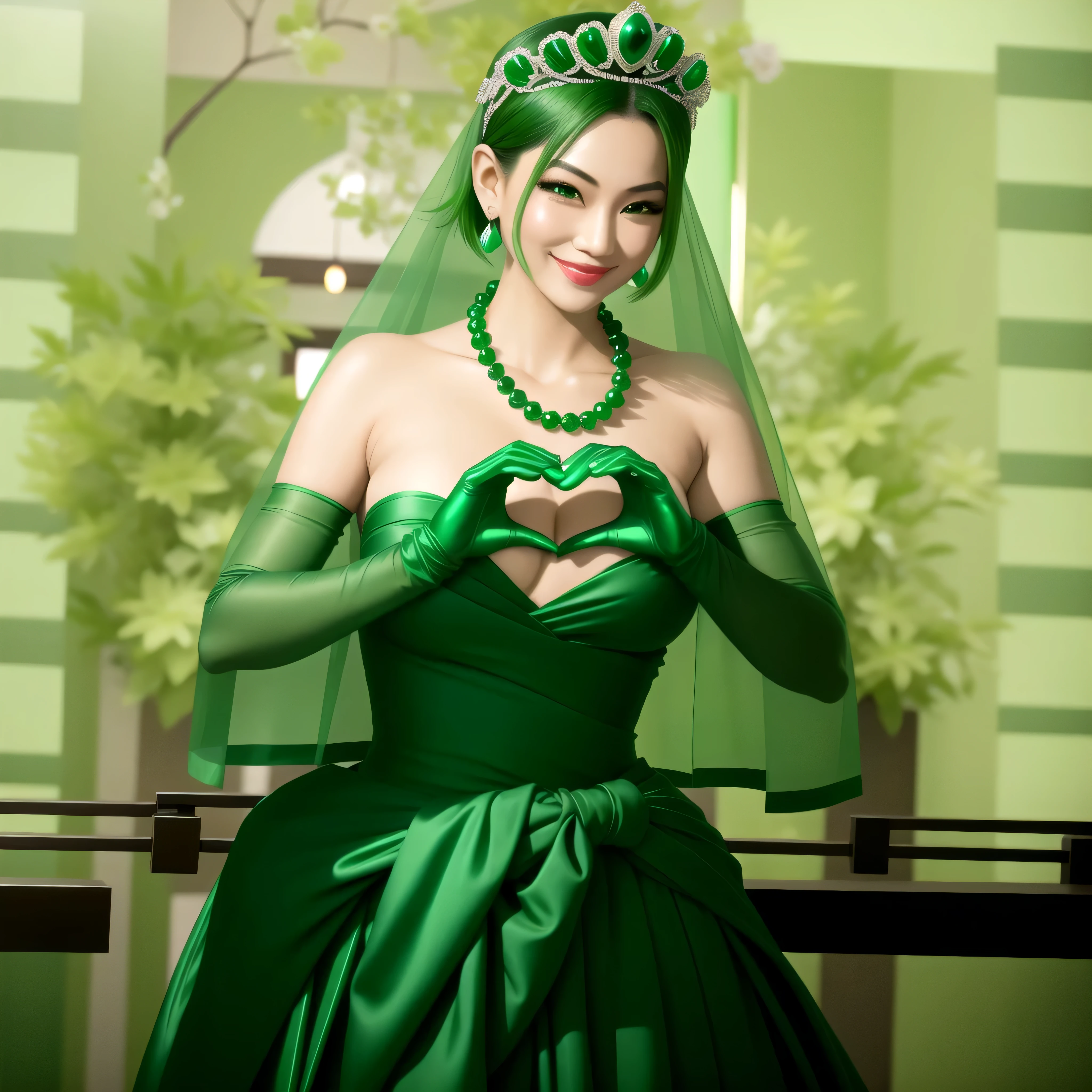 emerald tiara, green pearl necklace, boyish very short green hair, green lips, smiling Japanese woman, very short hair, Beautiful woman with , green eyes, green satin long gloves, green eyes, emerald earrings, green veil, Heart with both hands, green hair, beautiful japanese woman, heart shaped hands:1.3, green lip gloss