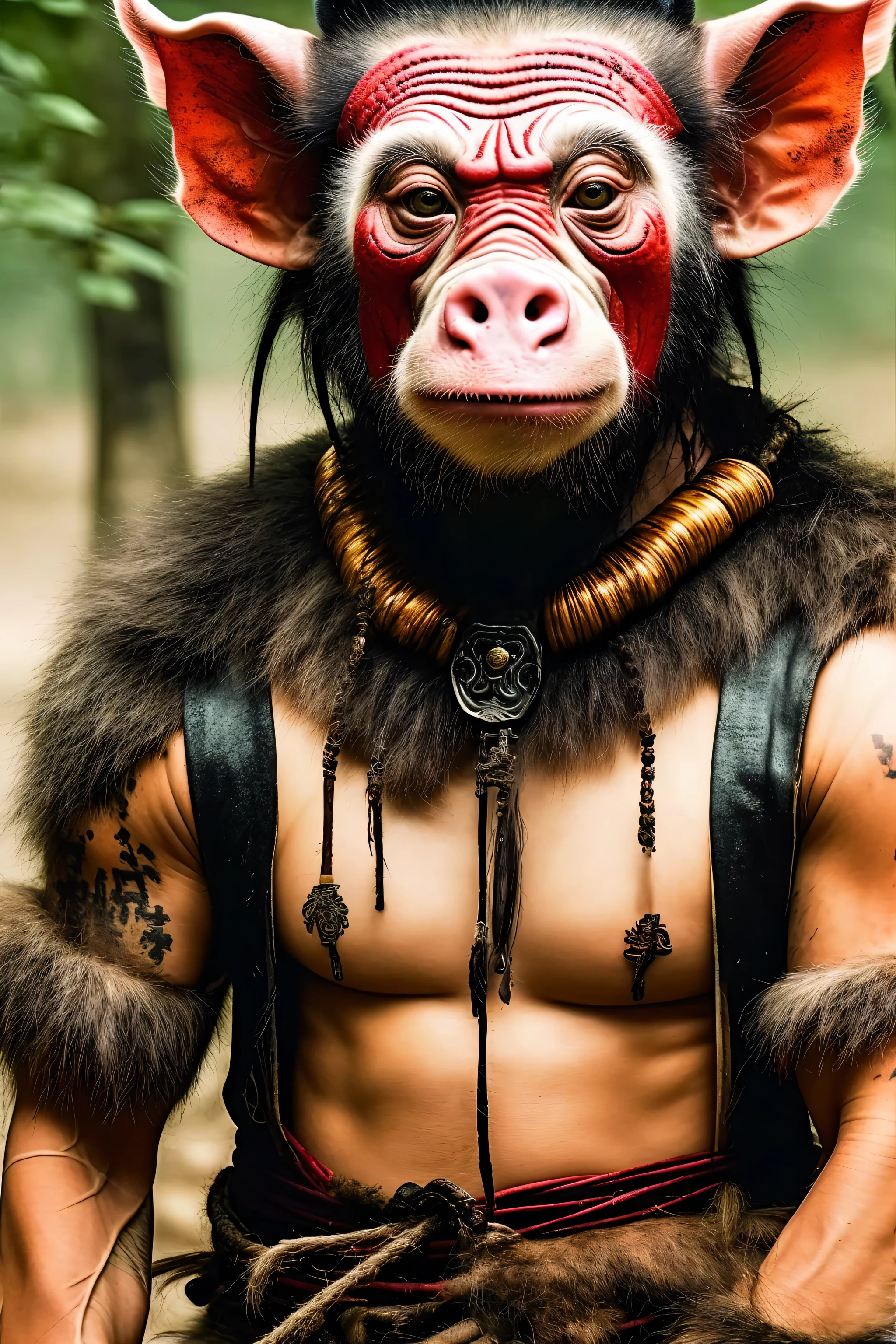 Close-up cleavage:Pig Man mixed blood warrior photo,8K,The Myth and Legend of Sun Wukong,There are scars on the face,Expressions of anger,Chop on the hand。