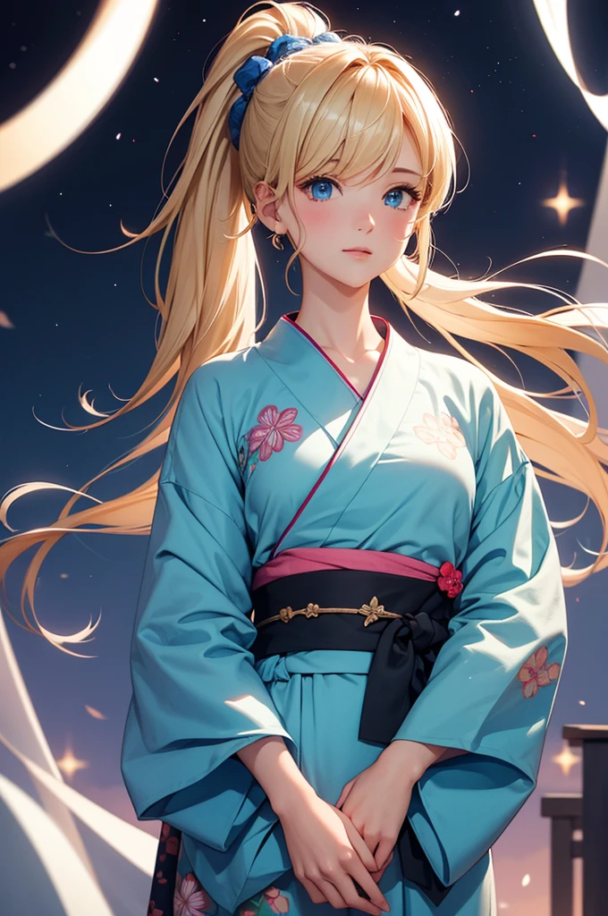 blonde　ponytail　blue eyes　pretty girl　Light blue yukata　starry sky　live-action