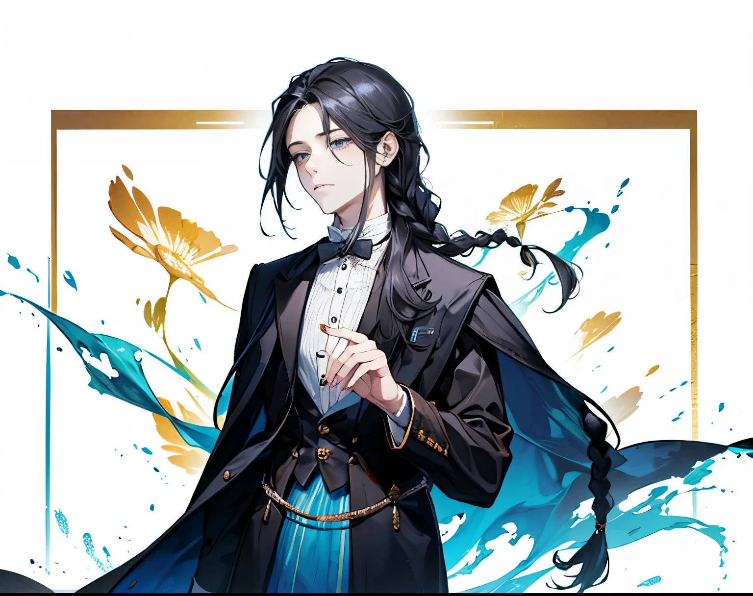 Long hair in a single braid,A young man in his 30s,bewitching man,Hands holding painting,Downcast eyes