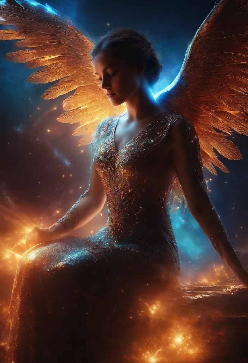 cosmic fallen angel, glowing light eyes, very bright colors, light particles, with glowing light, Mschiff, Wallpaper Art, UHD wallpapers