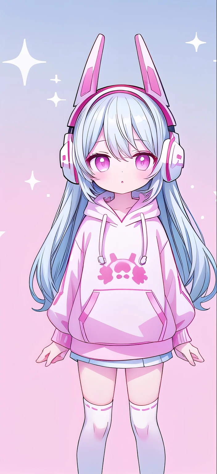 ，White knee socks，Long light blue hair，Pink and white sweatshirt，pink eyes，Blue headphones