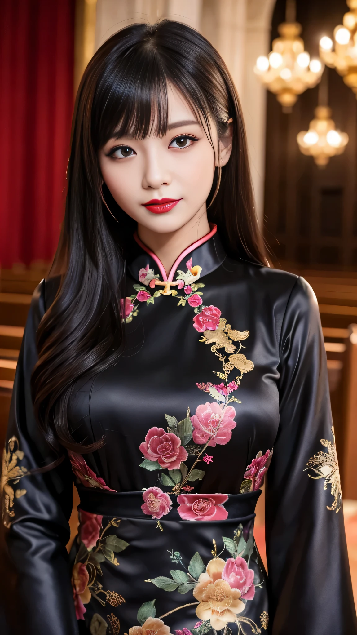 tra-detailed、２people、japanese people、attractive beauty、Captivating large people women、pretty woman、piercing eyes、cool girl、wavy hair、swept bangs、Long Black and Gold Cheongsam、wide sleeves、Evil cadres、evil depravity、brainwash、mind control、lipstick、have、lip gloss、dark makeup、smirk、Evil expression、evil、hollow eyes,half-closed eyes、empty eyes、evil、church at night、vampire、succubus、vampire、Swear allegiance、sexy pose