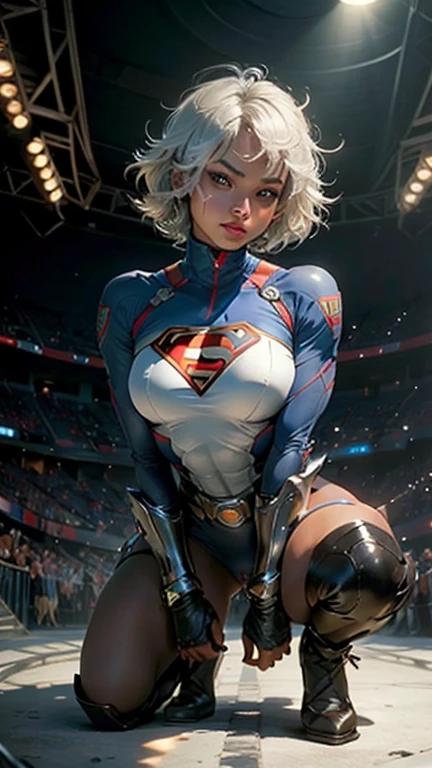 Beautiful short hair, clear body, big breasts, wearing Supergirl cosplay、{dark skin girl} , prowrestling costume ,short hair,silver hair,evil grin ,,{{squatting}},vaginal penis, nsfw , cowgirl position,pov, on the stage ,{{looking back}},{clothes aside},,skin tight,from side,highleg,vaginal cum,lying man