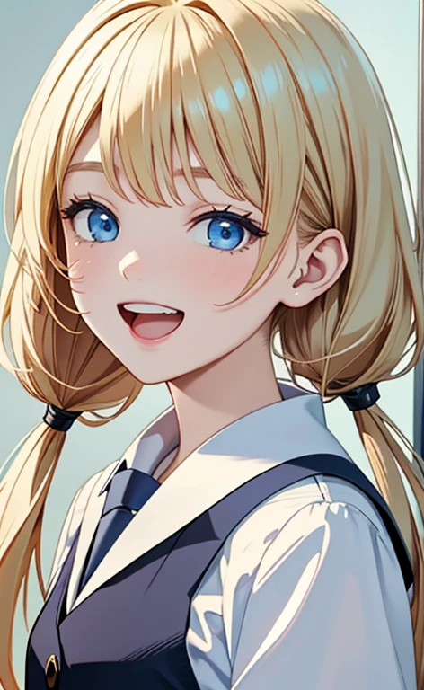(masterpiece、top-quality、8k size wallpaper、offcial art)、(portrait,upper body:1.6)、(1girl),(very loud laugh,Open mouth:1.3),(half closed eyes),cute face,blue eyes、(low twintails)、
,(stand),(Shining smile),
,(slender),(school uniform),(long fluorescence blonde hair1.3), (small breasts)、
、fluorescence、classroom,JK、