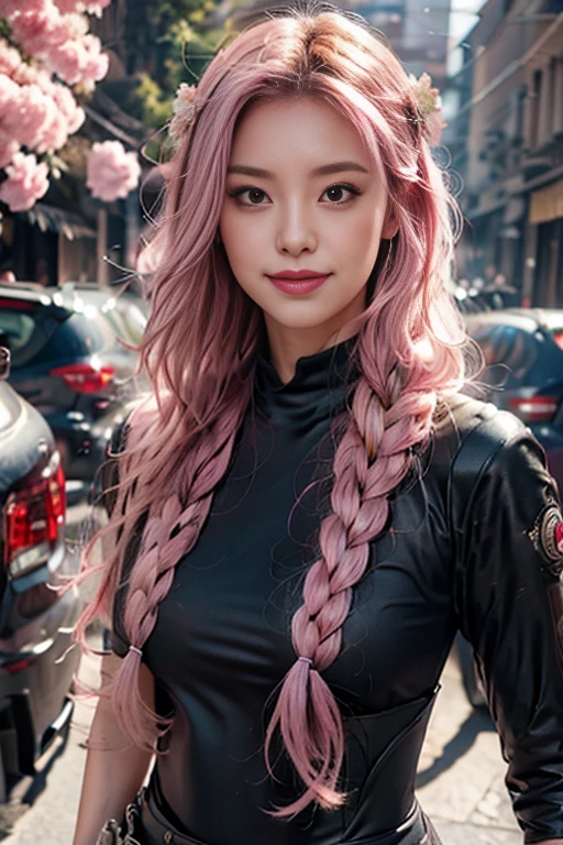 pink hair, sidelocks, hairclip, multicolored eyes, grin, clover hair ornament, ray tracing, anaglyph, anime, perspective, tachi-e, Ultra-Wide Angle, anatomically correct, UHD, best quality, highres, Masterpiece masterpiece, best quality, High resolution), sweet chinese girl, rainbow hair, pink lips, （whole body 3.0）， dynamic background，（ Dynamic Pose 0.8）(dynamic angle:1.4)