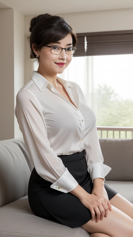((photograph))、((real photo))、mature adult woman、High resolution、((highest quality,8k,masterpiece))、((Full body shot 0.85)) facial portrait, gentle smile、 ((pale lipstick)), sensual, ((Breasts big enough to sag 2.8))Medium Hair, black hair, tied her hair in a bun, formal wear, ((white blouse)), gray tight skirt, Glasses, chubby woman,living room at home、
