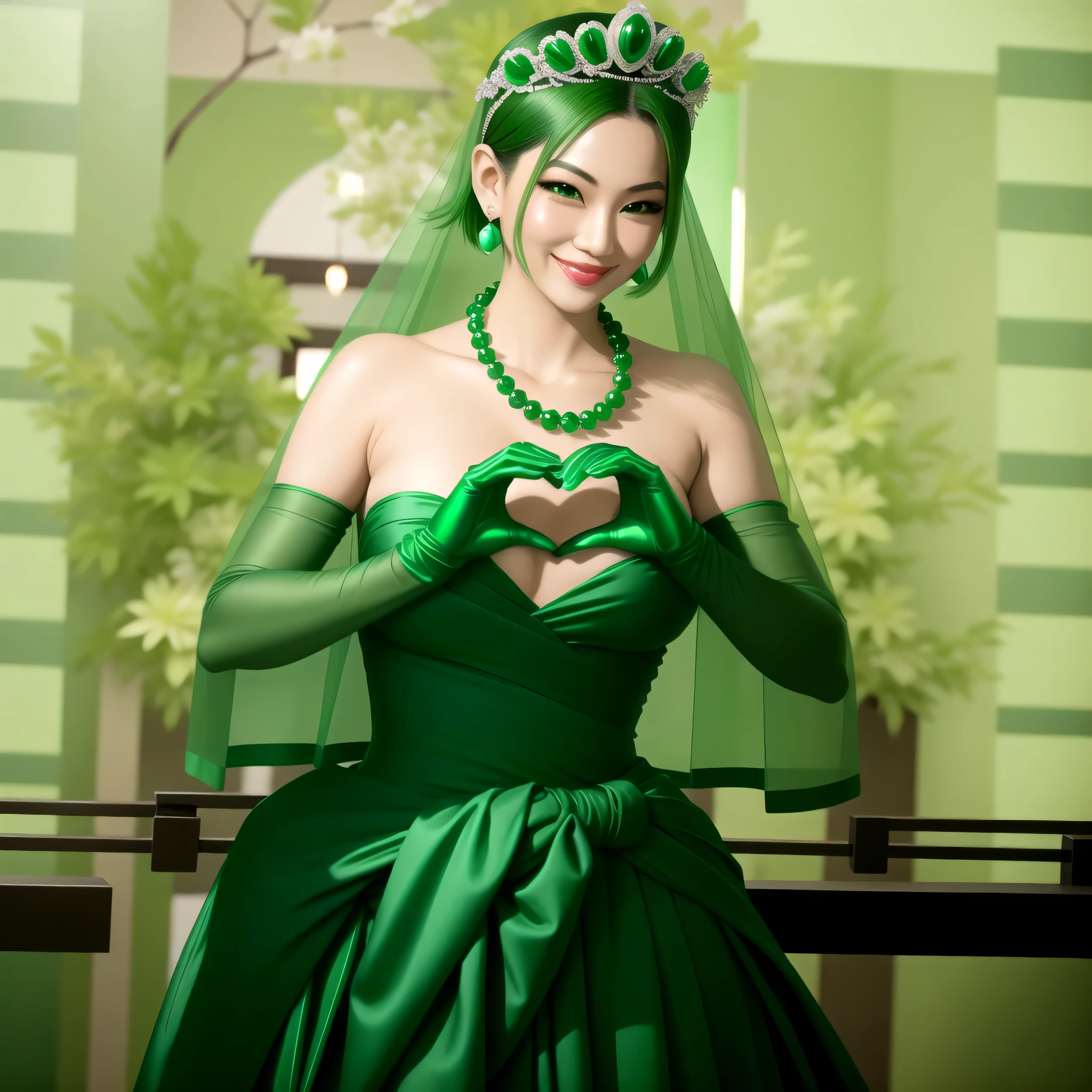emerald tiara, green pearl necklace, boyish very short green hair, green lips, smiling Japanese woman, very short hair, Beautiful woman with big breasts, green eyes, green satin long gloves, green eyes, emerald earrings, green veil, Heart with both hands, green hair, beautiful japanese woman, heart shaped hands:1.3, green lip gloss